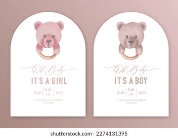 Cute baby shower watercolor invitation card for baby and kids new born celebration. Its a girl, Its a boy card with plush toy, rodents and rattles