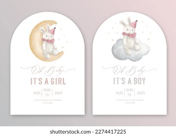 Cute baby shower watercolor invitation card for baby and kids new born celebration. Its a girl, Its a boy card with plush toy on the moon and cloud