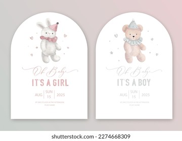 Cute baby shower watercolor invitation card for baby and kids new born celebration. Its a girl, Its a boy card with plush toy on the moon and cloud