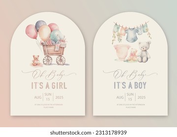Cute baby shower watercolor invitation card for baby and kids new born celebration. Its a girl, Its a boy card with baby stroller, dress and balls