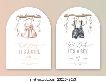 Cute baby shower watercolor invitation card for baby and kids new born celebration. Its a girl, Its a boy card with baby dress