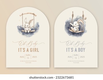 Cute baby shower watercolor invitation card for baby and kids new born celebration. Its a girl, Its a boy card with bunny on a swing in the clouds.