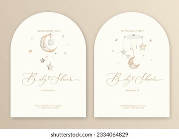 Cute baby shower watercolor invitation card for baby and kids new born celebration with baby mobile with moon and stars - Shutterstock ID 2334064829
