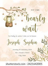 Cute baby shower watercolor invitation card for baby and kids new born celebration. Its a girl, Its a boy card with baby dress and toys