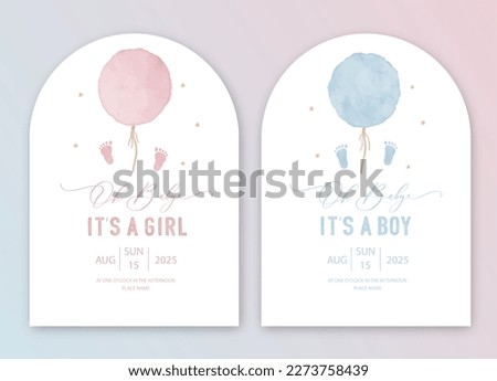 Cute baby shower watercolor invitation card for baby and kids new born celebration. Its a girl, Its a boy card with pink and blue balloon