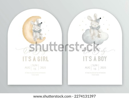 Cute baby shower watercolor invitation card for baby and kids new born celebration. Its a girl, Its a boy card with plush toy on the moon and cloud