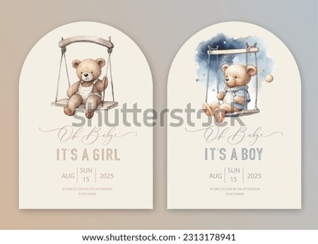 Cute baby shower watercolor invitation card for baby and kids new born celebration. Its a girl, Its a boy card with teddy bear