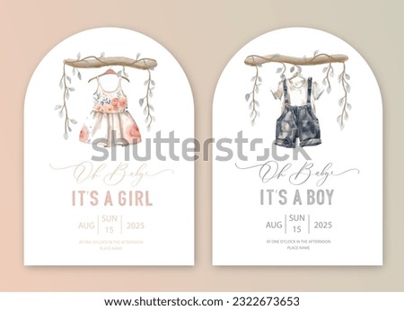 Cute baby shower watercolor invitation card for baby and kids new born celebration. Its a girl, Its a boy card with baby dress