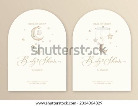 Cute baby shower watercolor invitation card for baby and kids new born celebration with baby mobile with moon and stars