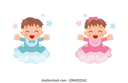 Cute baby sit on the cloud. Baby gender reveal boy or girl. Flat vector cartoon design