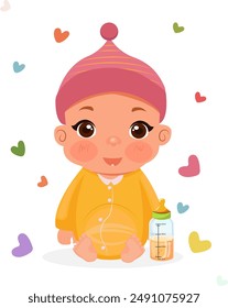 A cute baby sits with a bottle of milk and smiles. Vector illustration