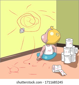cute baby sits on the floor and looks at the drawing on the wall made by him with lipstick. next to the toilet paper tower. nice illustration from life at home. stay at home. quarantine
