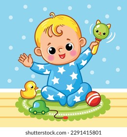 Cute baby sits on the floor and plays with toys in the children's room. Vector illustration with a baby in cartoon style.