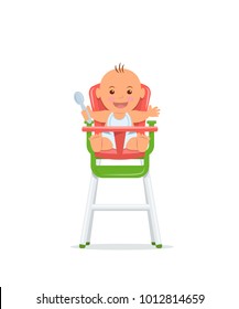 Cute baby sits on a high chair and holds a spoon. Baby healthy feeding concept. Vector illustration in flat style.