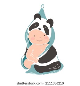 Cute baby sits in a towel after a bath. Vector illustration of a baby 1-12 months old.