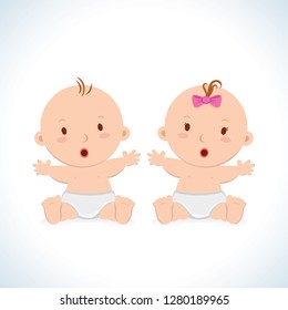 Cute baby sitting. Cute baby boy and girl sitting in a diaper.