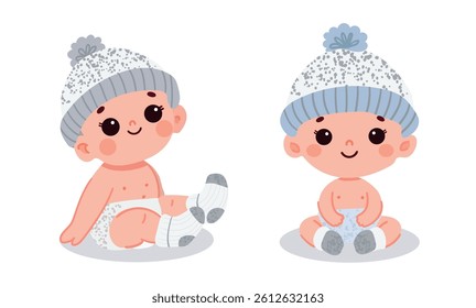 Cute baby sitting in diaper, hat and socks isolated on white background. Perfect vector illustration for Children's Day, parenting materials and baby-related designs.