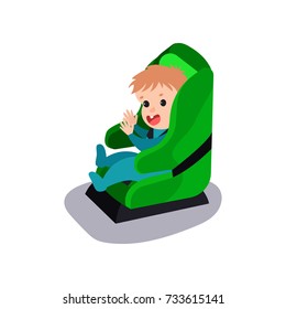 Cute baby sitting on a green car seat wearing seat belt, safe child traveling cartoon vector illustration