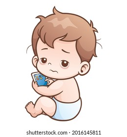 Cute baby is sitting and playing with tablet. Vector graphic illustration. Individually on a white background.