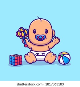 Cute Baby Sitting And Playing Toys Cartoon Vector Icon Illustration. People Object Icon Concept Isolated Premium Vector. Flat Cartoon Style