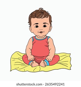 Cute baby sitting and smiling. Cartoon Style Illustration