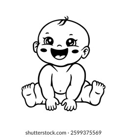 Cute baby sitting and smiling. A joyful black and white silhouette clipart design, perfect for baby-related projects, invitations, prints, and decorations.