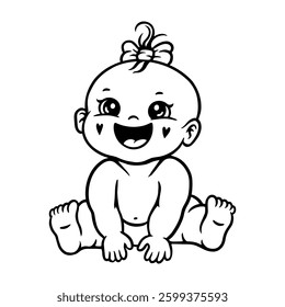 Cute baby sitting and smiling. A joyful black and white silhouette clipart design, perfect for baby-related projects, invitations, prints, and decorations.