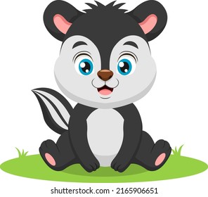 Cute baby skunk cartoon sitting in the grass