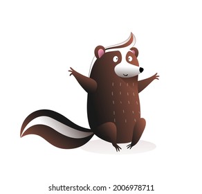 Cute baby skunk sitting , funny cartoon for children of a wild skunk or raccoon cub with bushy tail, character design. Vector illustration in watercolor style for children isolated on white.