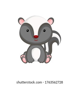 Cute baby skunk sitting isolated on white background. Adorable animal character for design of album, scrapbook, card, invitation on baby shower, party. Flat cartoon colorful vector illustration.