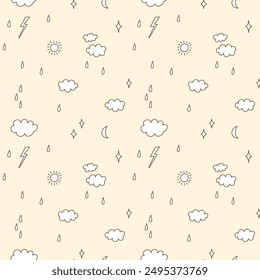 Lindo cielo del bebé sin patrón. Nubes de garabatos, sol, luna y gotas de lluvia sobre un fondo amarillo. Vector simple estampado a mano para textiles y prendas de bebé, papel de envoltura y Fondo de pantalla de guardería.