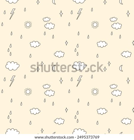 Cute baby sky seamless pattern. Doodle clouds, sun, moon, and rain drops on a yellow background. Vector simple hand-drawn print for textiles and baby clothes, wrapping paper and nursery wallpaper.