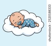 Cute Baby Sleeping Holding  On Cloud Pillow Cartoon Icon Illustration.