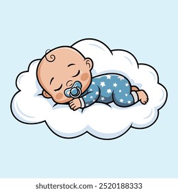 Cute Baby Sleeping Holding  On Cloud Pillow Cartoon Icon Illustration.