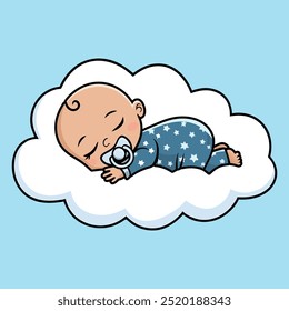Cute Baby Sleeping Holding  On Cloud Pillow Cartoon Icon Illustration.
