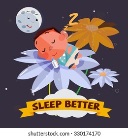 cute baby sleeping inside a flower with smiling moon. character design, good sleep concept - vector illustration