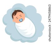 Cute baby sleeping on a cloud isolated.Concept of newborn comfort sleep. Vector illustration 