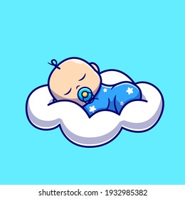 Cute Baby Sleeping On Cloud Pillow Cartoon Vector Icon Illustration. People Nature Icon Concept Isolated Premium Vector. Flat Cartoon Style