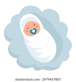 Cute baby sleeping on a cloud isolated.Concept of newborn comfort sleep. Vector illustration 