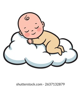 Cute Baby Sleeping on Cloud, Newborn Infant Dream, Peaceful Cloud Baby, Sweet Baby Illustration, Gentle Babyhood Scene