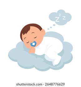 Cute baby sleeping on a cloud isolated.Concept of newborn comfort sleep. Vector illustration 