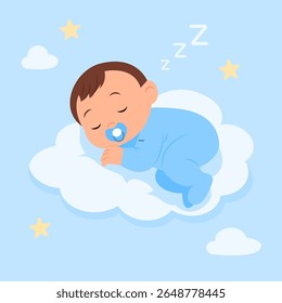 Bebê bonito dormindo em uma nuvem. Conceito de sono de conforto do recém-nascido. Ilustração vetorial