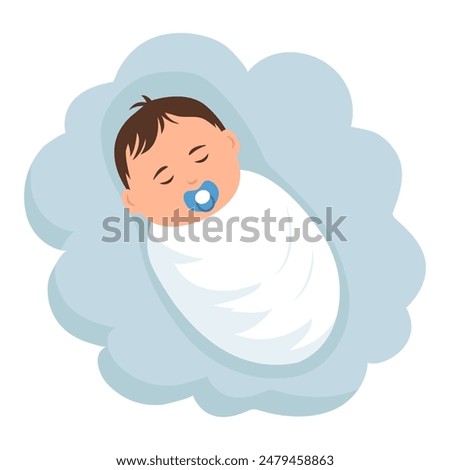 Cute baby sleeping on a cloud isolated.Concept of newborn comfort sleep. Vector illustration 