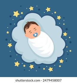 Cute baby sleeping on a cloud.Concept of newborn comfort sleep. Vector illustration 