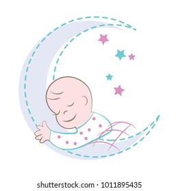 Cute baby sleeping on the crescent moon vector illustration. Can be used for baby shower celebration invitation and greeting card.