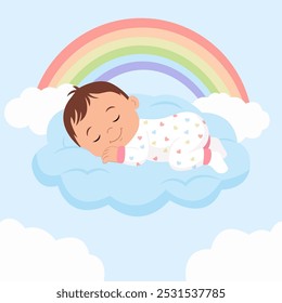 Un lindo bebé durmiendo en una nube azul esponjosa. El bebé está usando pijamas lindos. Diseño de tarjeta de niño recién nacido durmiendo con nubes y arco iris. Ilustración vectorial