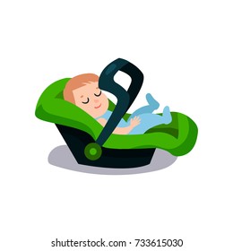 Cute baby sleeping on a green car seat, safe child traveling cartoon vector illustration