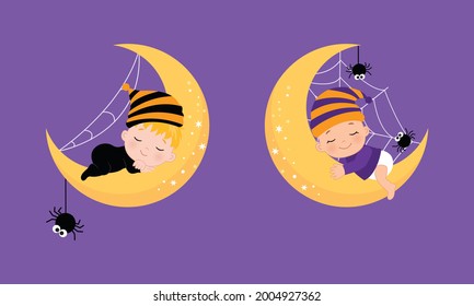 Cute baby sleeping on the moon in Halloween theme. Flat vector cartoon design