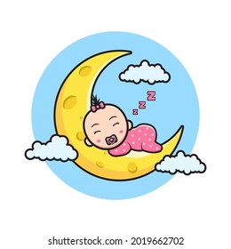 Cute baby sleeping on the moon cartoon icon illustration. Design isolated flat cartoon style