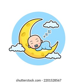 Cute baby sleeping on the moon cartoon icon illustration. Design isolated flat cartoon style